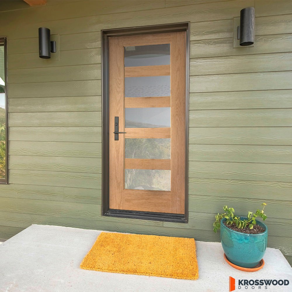 ASCEND Modern Fiberglass 5 Lite Satin Glass Exterior Door - Krosswood