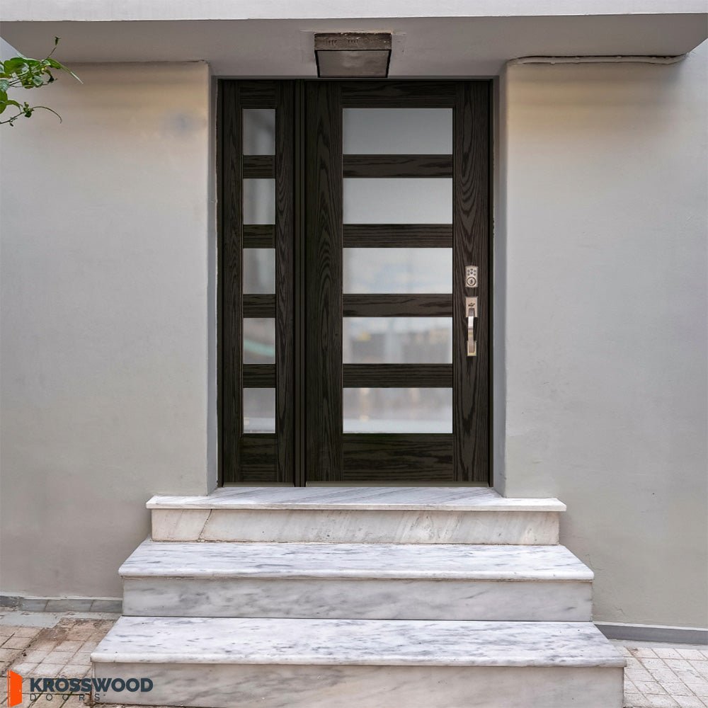 ASCEND Modern Fiberglass 5 Lite Satin Glass Exterior Door - Krosswood