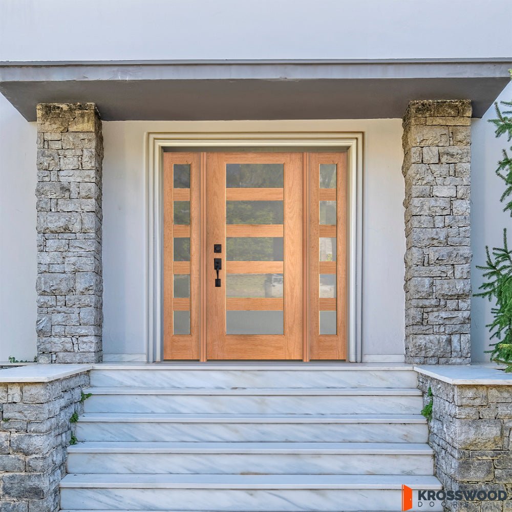 ASCEND Modern Fiberglass 5 Lite Satin Glass Exterior Door - Krosswood