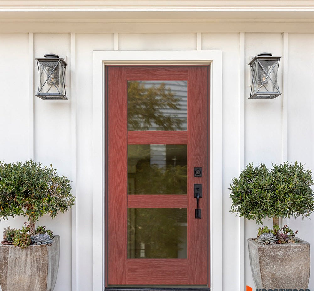 BRIGHTON Modern Fiberglass 3 Lite Clear Glass Exterior Door - Krosswood