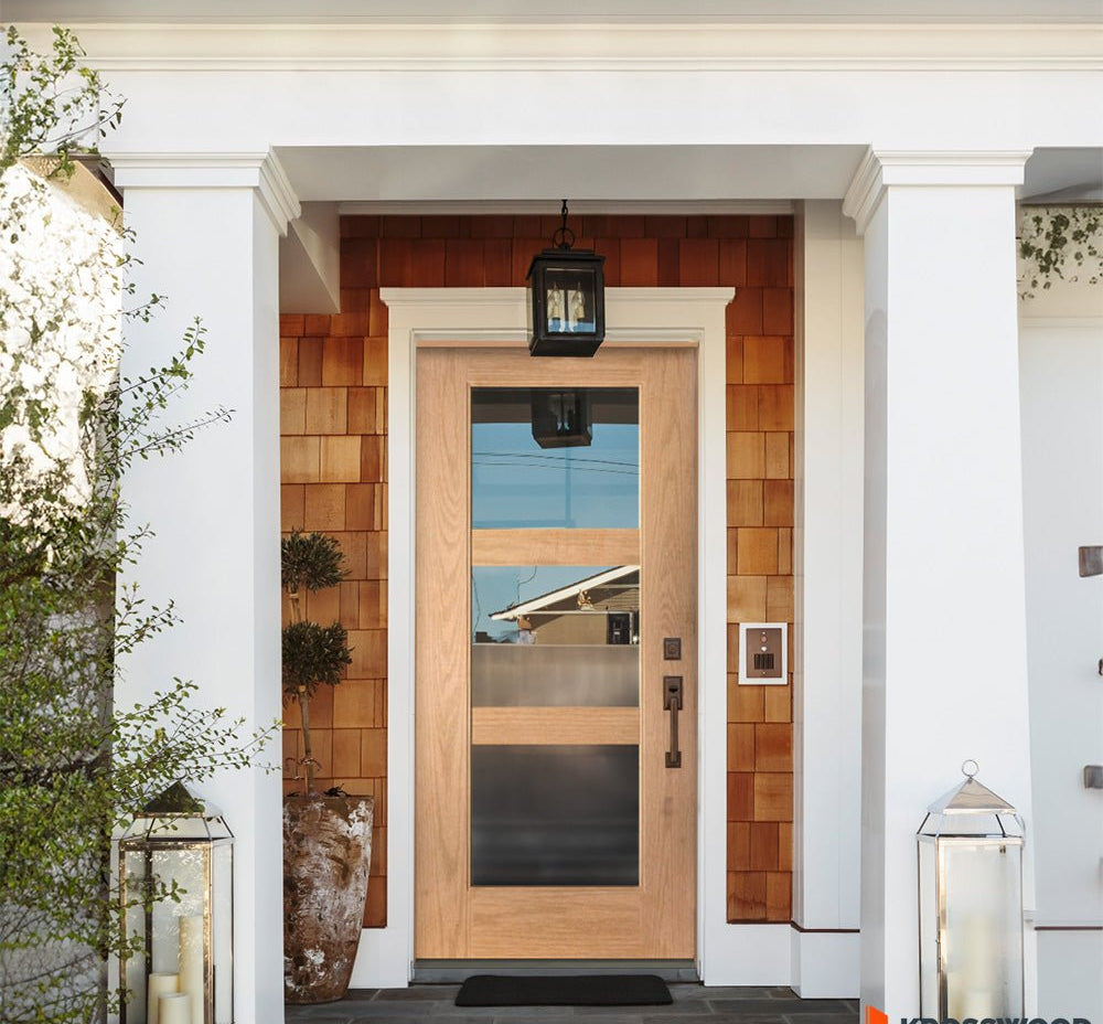 BRIGHTON Modern Fiberglass 3 Lite Clear Glass Exterior Door - Krosswood