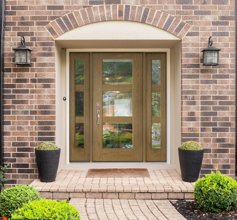 BRIGHTON Modern Fiberglass 3 Lite Clear Glass Exterior Door - Krosswood