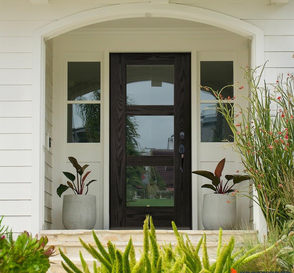 BRIGHTON Modern Fiberglass 3 Lite Clear Glass Exterior Door - Krosswood