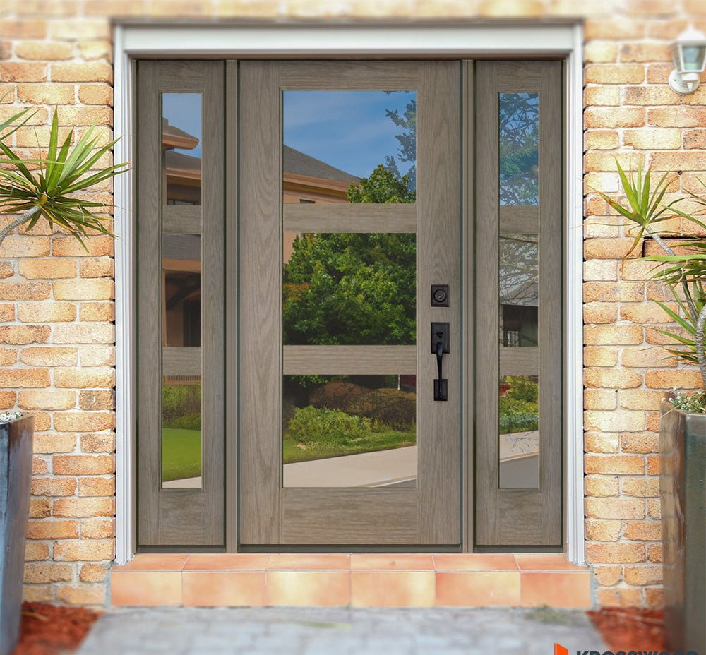 BRIGHTON Modern Fiberglass 3 Lite Clear Glass Exterior Door - Krosswood