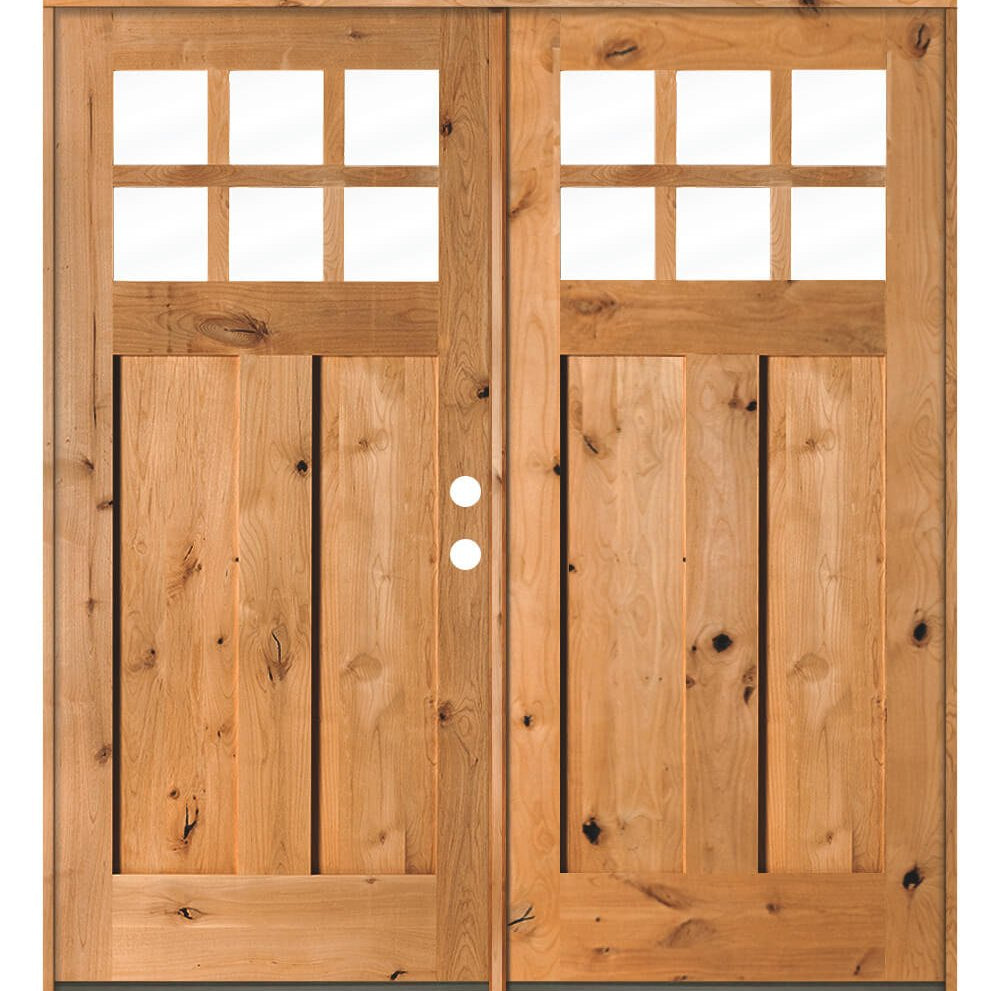 Craftsman Knotty Alder 6 Lite Clear Glass Exterior Double Door - Krosswood