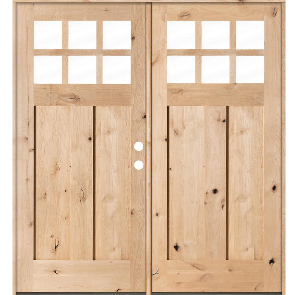 Craftsman Knotty Alder 6 Lite Clear Glass Exterior Double Door - Krosswood