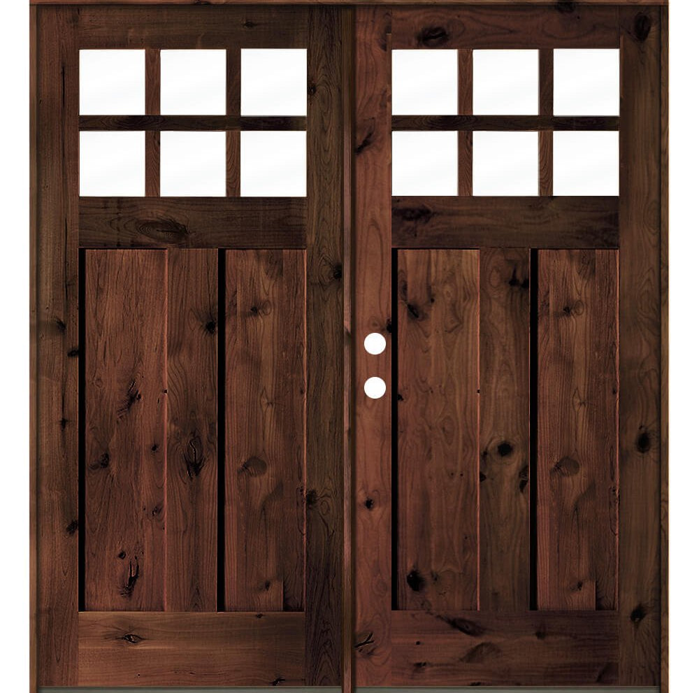Craftsman Knotty Alder 6 Lite Clear Glass Exterior Double Door - Krosswood