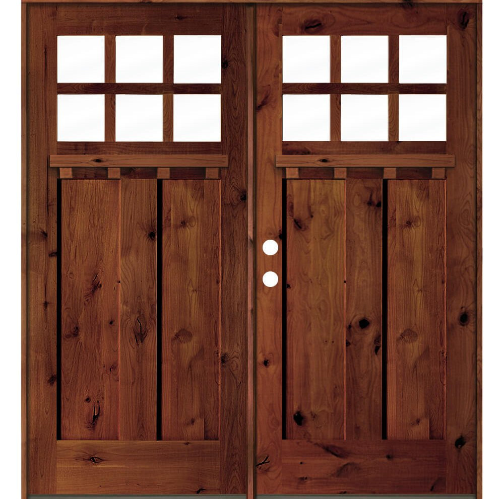 Craftsman Knotty Alder 6 Lite Exterior Double Door with Dentil Shelf - Krosswood