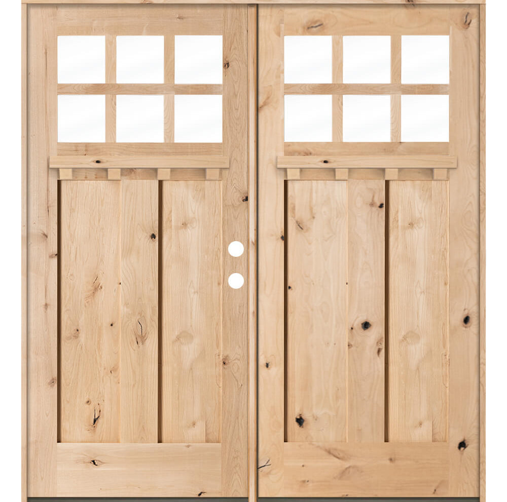 Craftsman Knotty Alder 6 Lite Exterior Double Door with Dentil Shelf - Krosswood