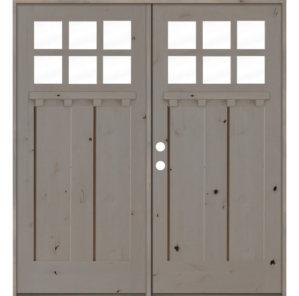 Craftsman Knotty Alder 6 Lite Exterior Double Door with Dentil Shelf - Krosswood