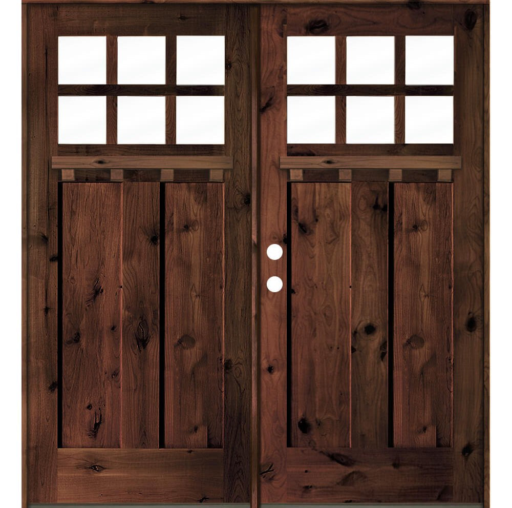 Craftsman Knotty Alder 6 Lite Exterior Double Door with Dentil Shelf - Krosswood