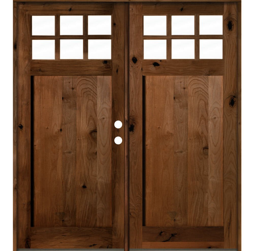 Craftsman Knotty Alder 6 Lite Single Panel Glass Exterior Double Door - Krosswood
