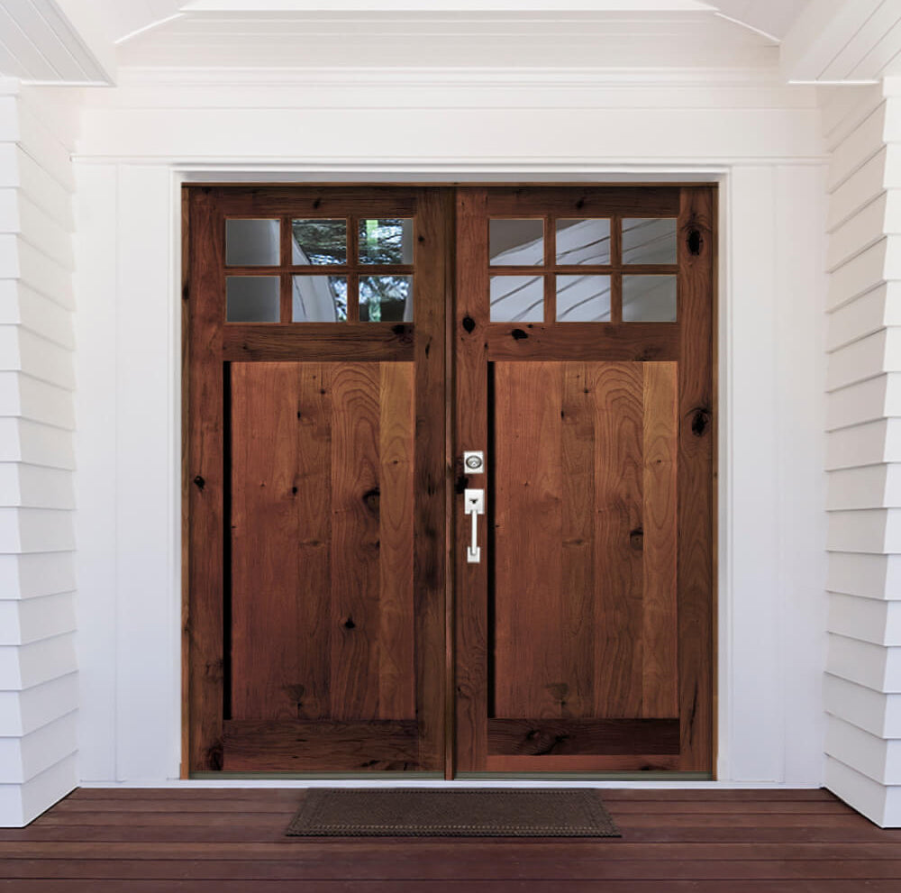 Craftsman Knotty Alder 6 Lite Single Panel Glass Exterior Double Door - Krosswood