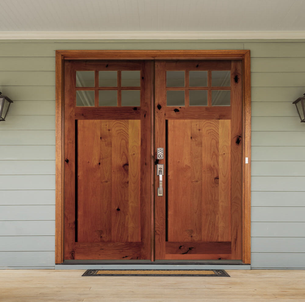 Craftsman Knotty Alder 6 Lite Single Panel Glass Exterior Double Door - Krosswood