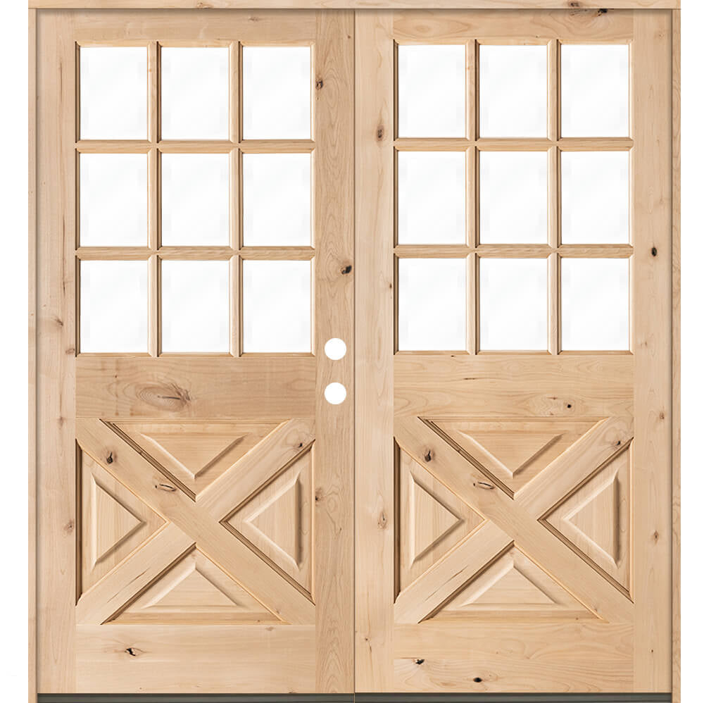 Farmhouse 9 Lite Glass X-Panel Exterior Double Door - Krosswood