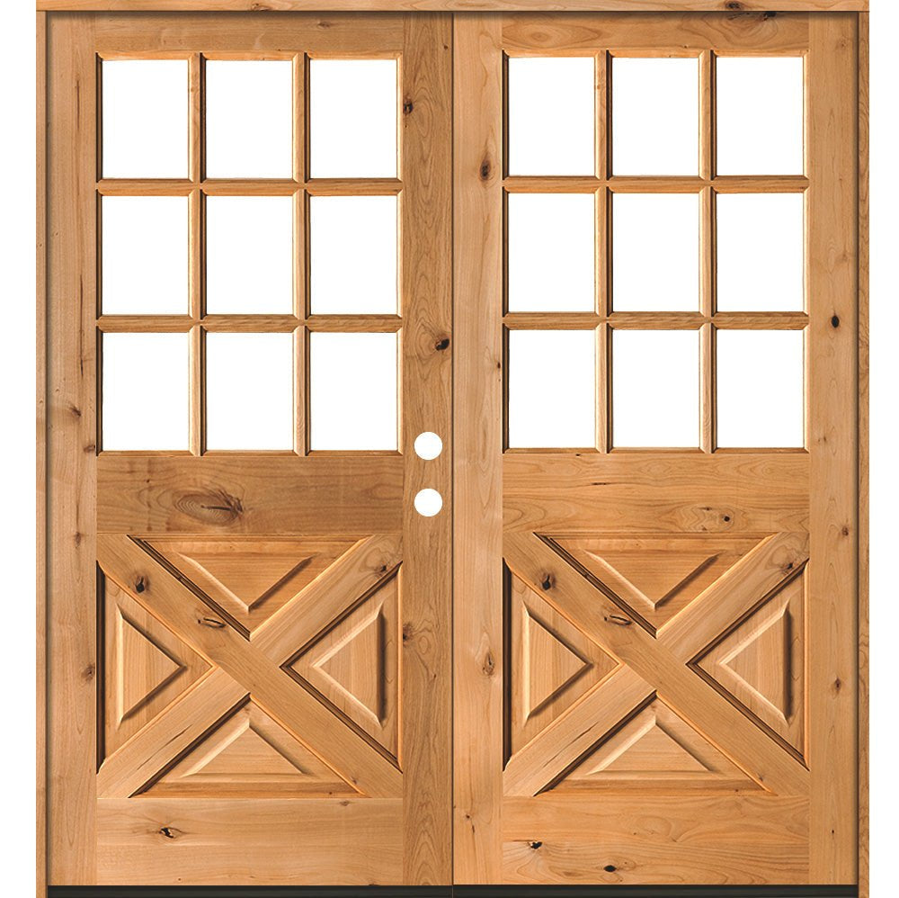 Farmhouse 9 Lite Glass X-Panel Exterior Double Door - Krosswood