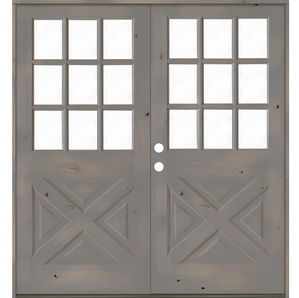 Farmhouse 9 Lite Glass X-Panel Exterior Double Door - Krosswood