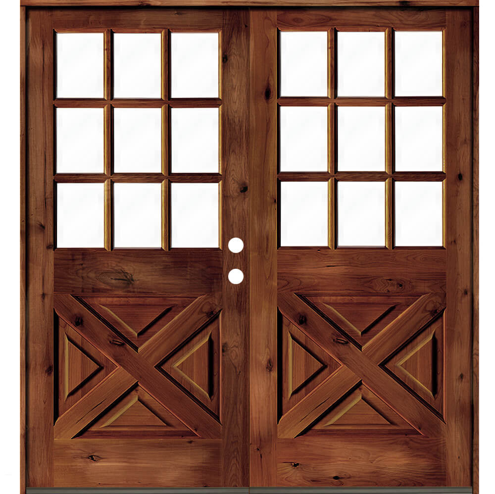 Farmhouse 9 Lite Glass X-Panel Exterior Double Door - Krosswood