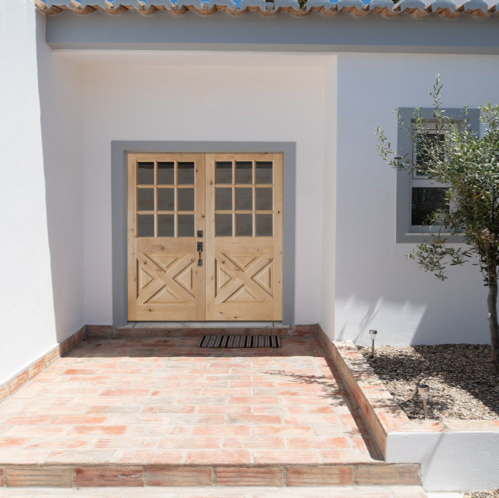Farmhouse 9 Lite Glass X-Panel Exterior Double Door - Krosswood