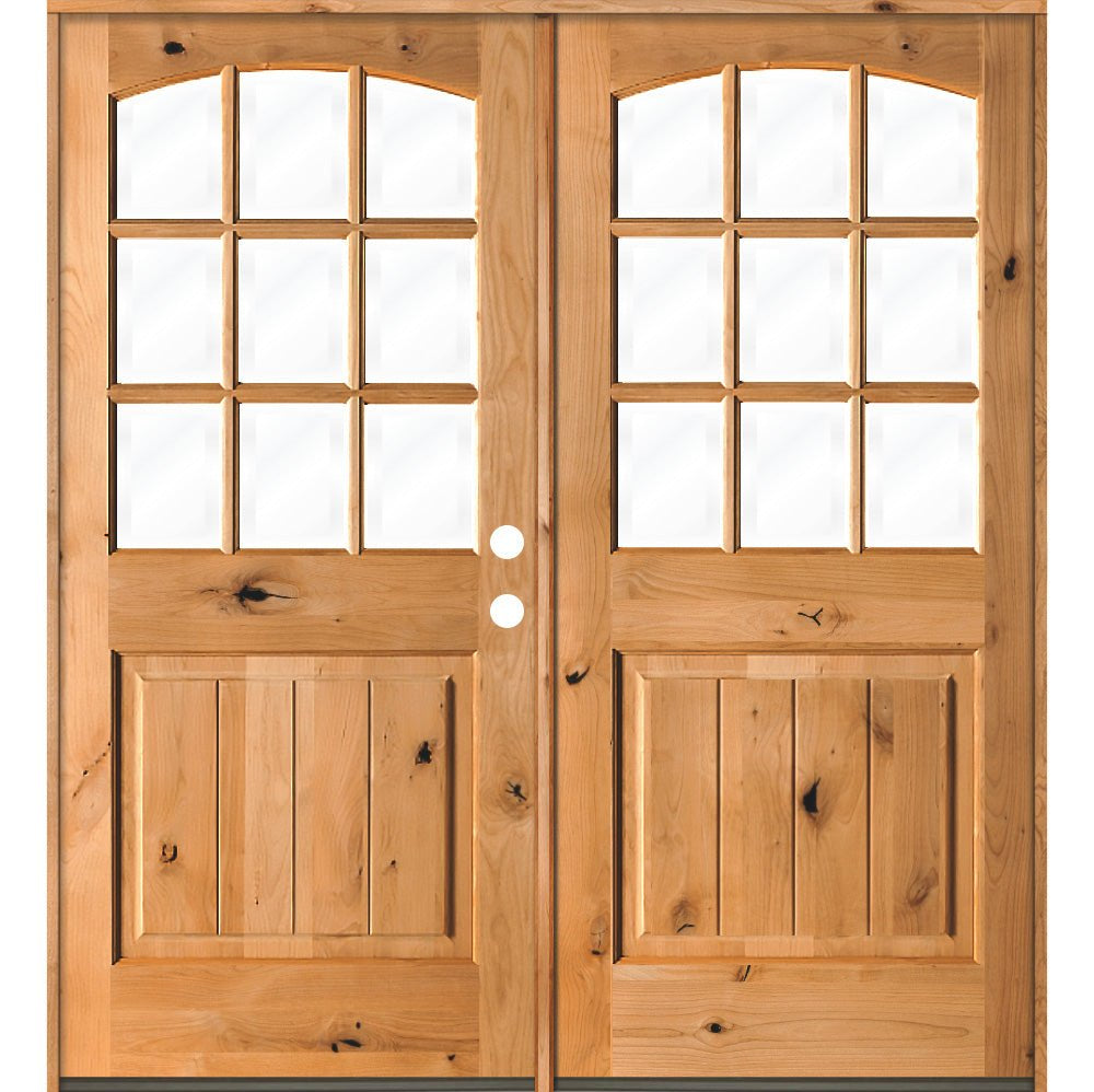 Farmhouse Knotty Alder 9 Lite Glass Arch Top V-Groove Exterior Double Door - Krosswood