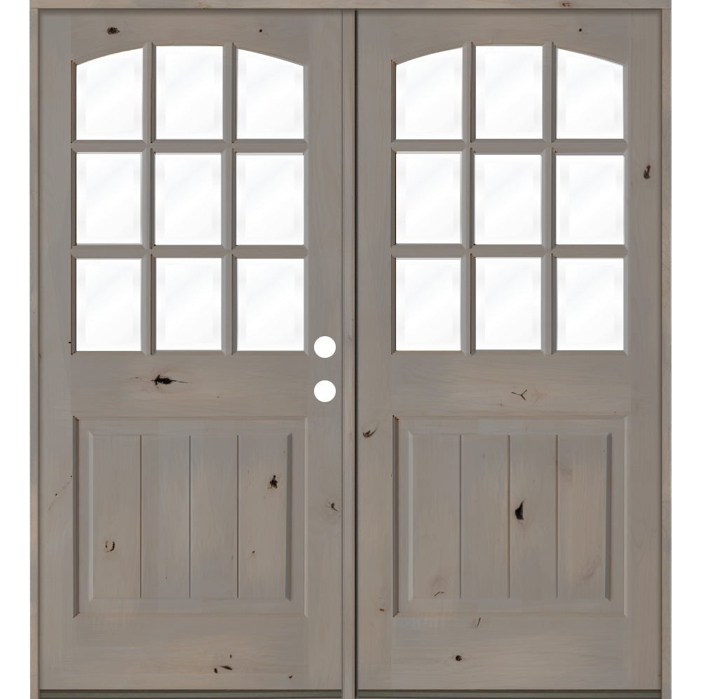 Farmhouse Knotty Alder 9 Lite Glass Arch Top V-Groove Exterior Double Door - Krosswood