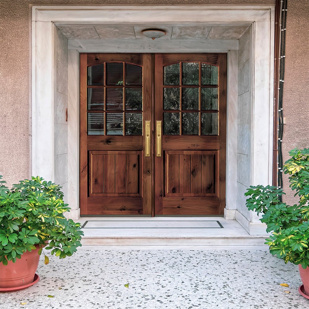 Farmhouse Knotty Alder 9 Lite Glass Arch Top V-Groove Exterior Double Door - Krosswood