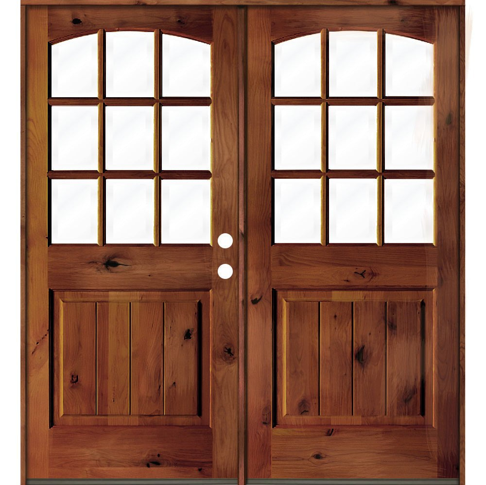 Farmhouse Knotty Alder 9 Lite Glass Arch Top V-Groove Exterior Double Door - Krosswood