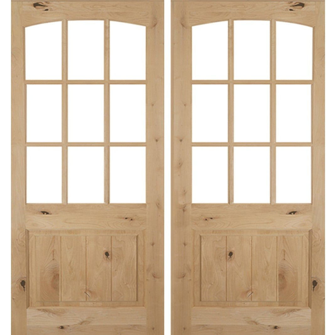 Farmhouse Knotty Alder 9 Lite Glass Arch Top V-Groove Exterior Double Door - Krosswood