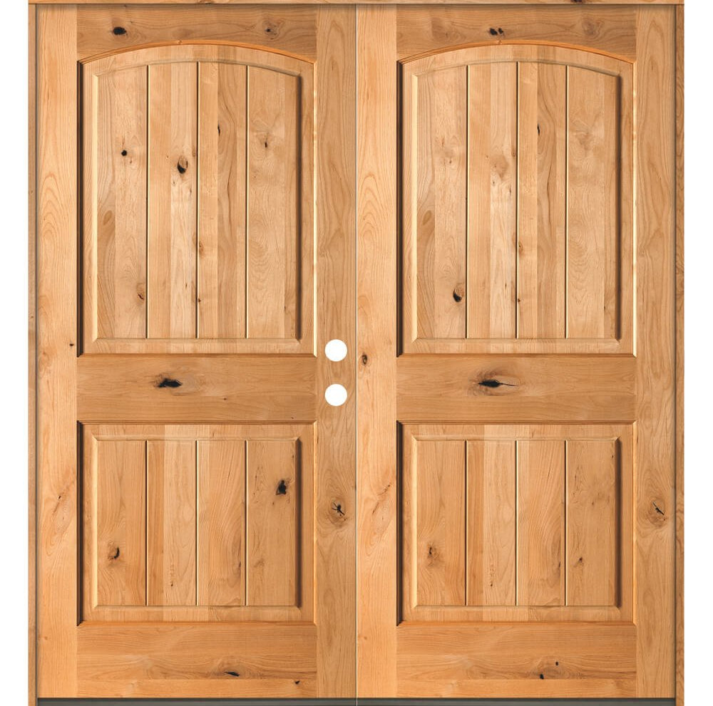 Farmhouse Knotty Alder Arch Top V-Groove Exterior Double Door - Krosswood