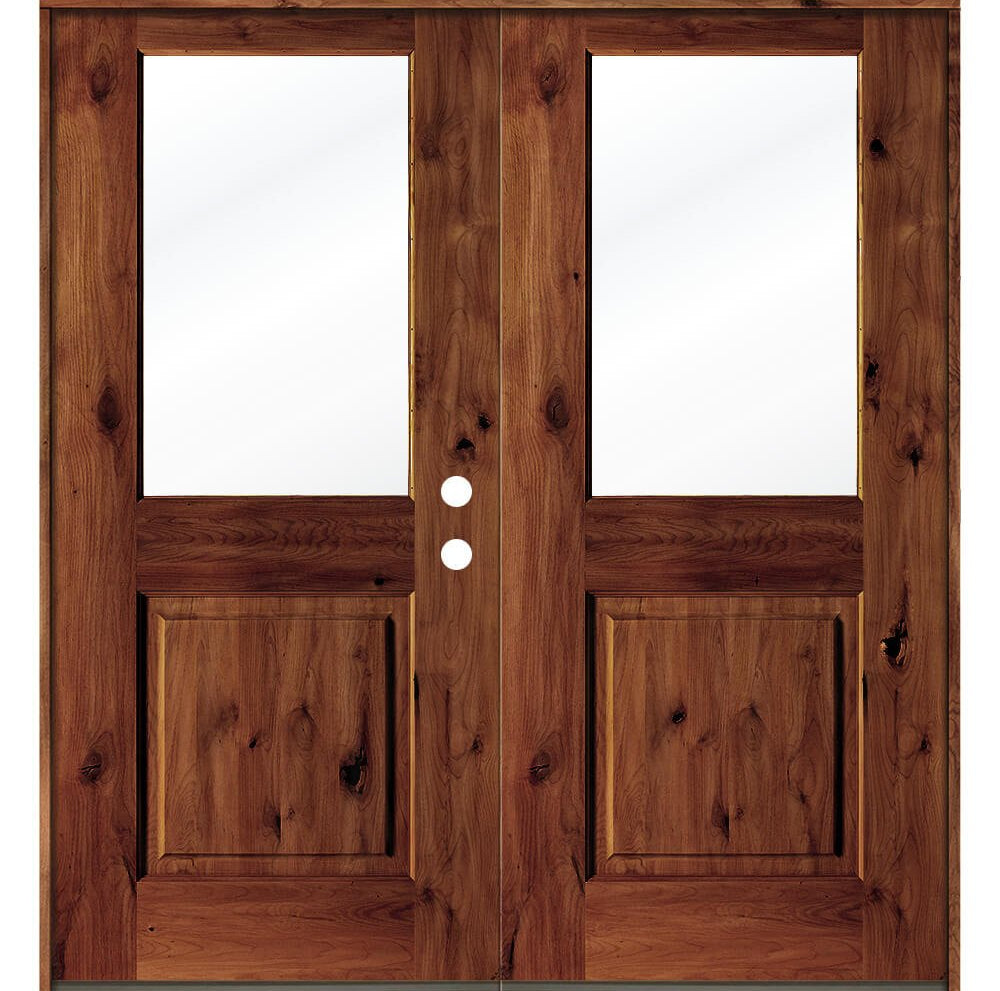 Farmhouse Knotty Alder Half Clear Glass Exterior Double Door - Krosswood