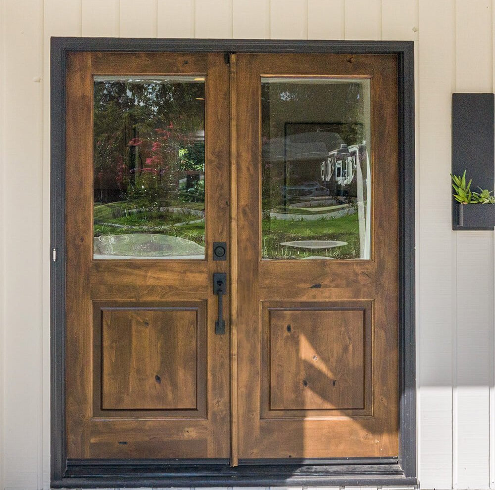 Farmhouse Knotty Alder Half Clear Glass Exterior Double Door - Krosswood