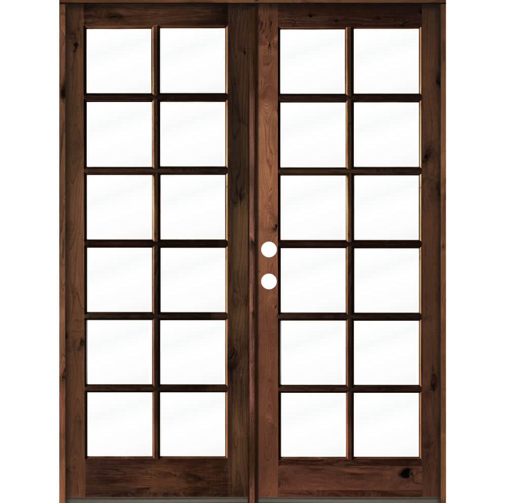 French Knotty Alder Wood 12 Lite Clear Glass Exterior Double Door - Krosswood