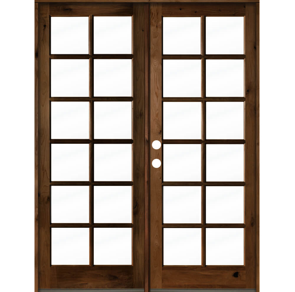 French Knotty Alder Wood 12 Lite Clear Glass Exterior Double Door - Krosswood