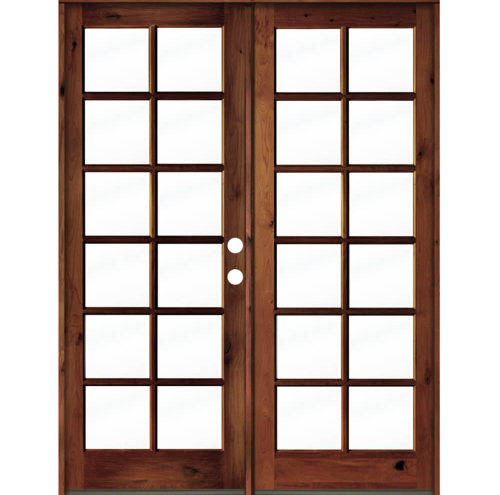 French Knotty Alder Wood 12 Lite Clear Glass Exterior Double Door - Krosswood