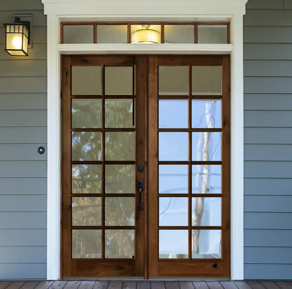 French Knotty Alder Wood 12 Lite Clear Glass Exterior Double Door - Krosswood