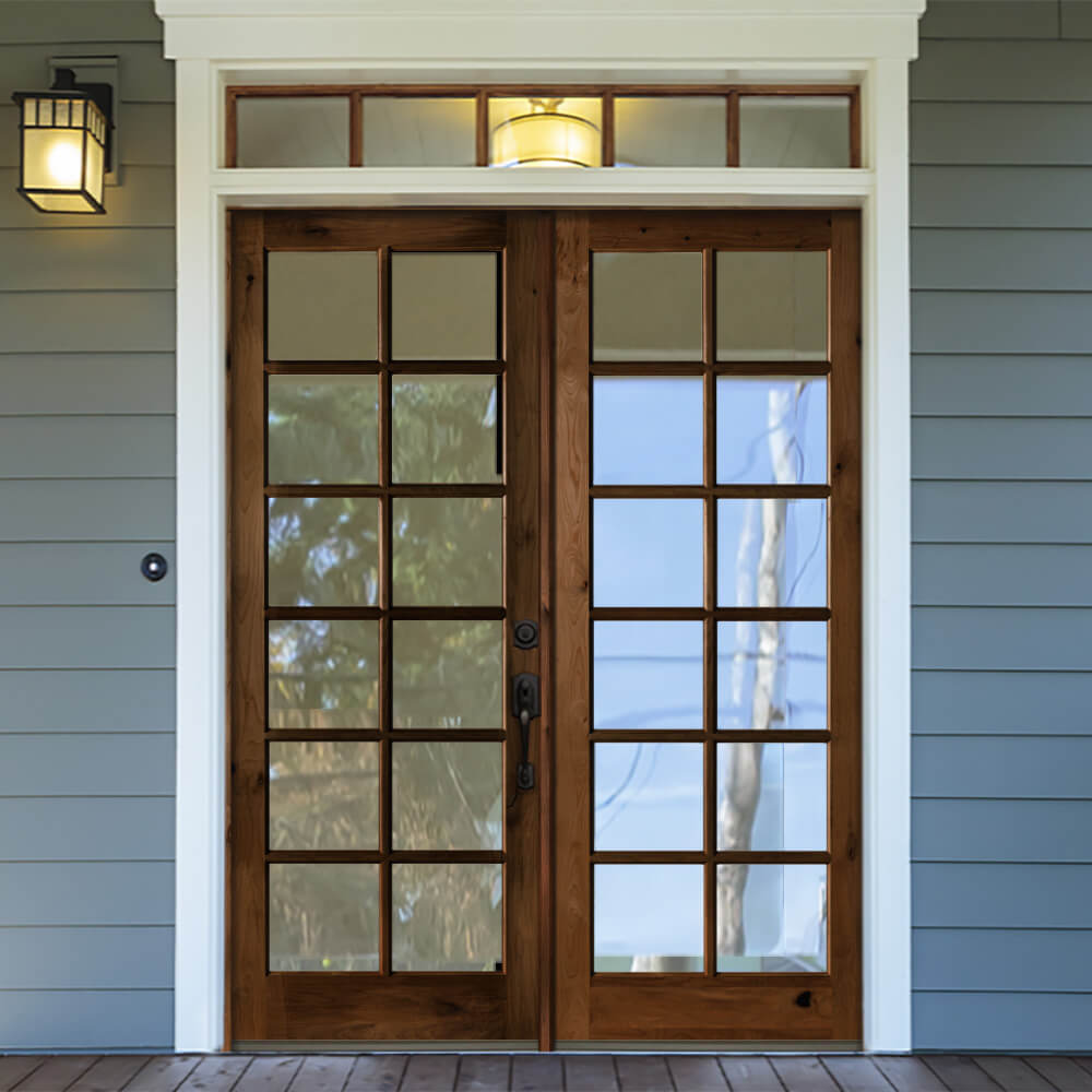 French Knotty Alder Wood 12 Lite Clear Glass Exterior Double Door - Krosswood