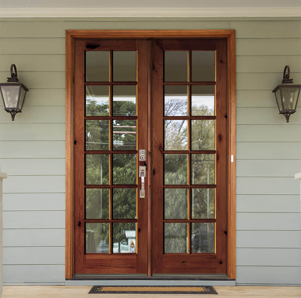 French Knotty Alder Wood 12 Lite Clear Glass Exterior Double Door - Krosswood