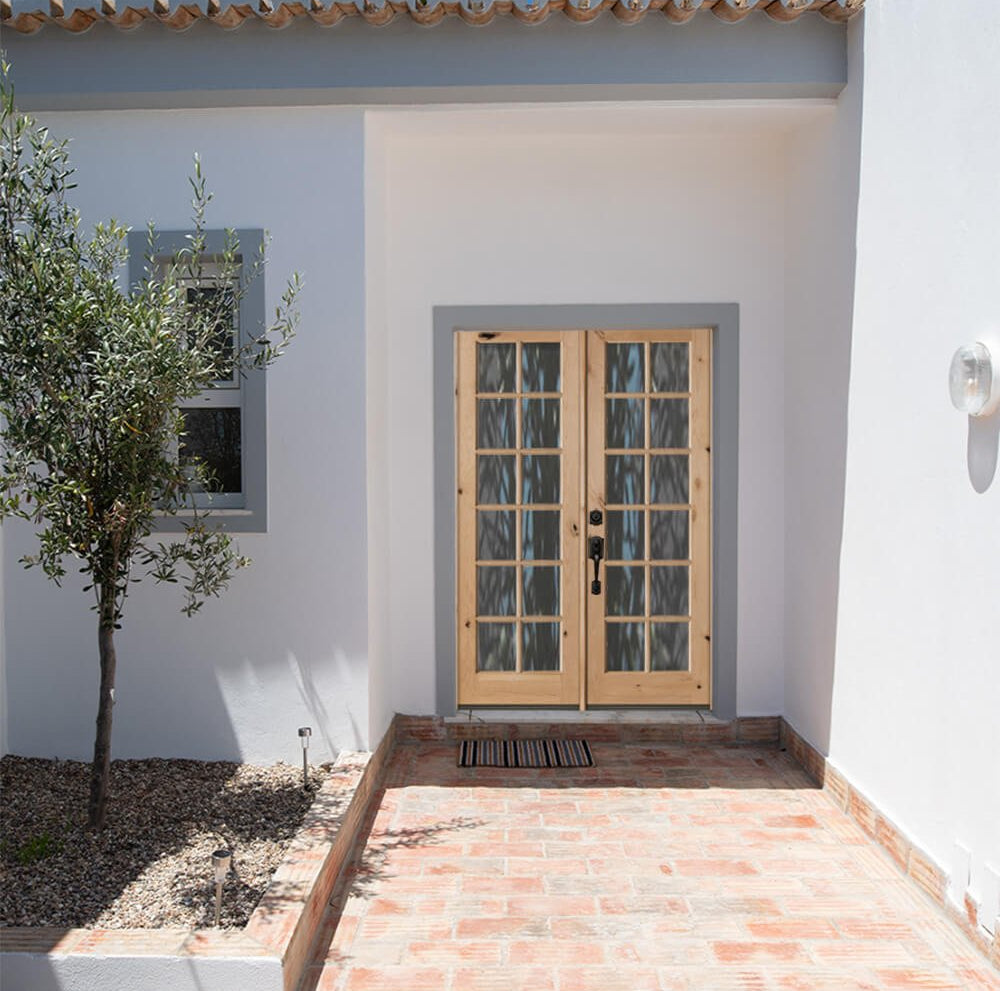 French Knotty Alder Wood 12 Lite Clear Glass Exterior Double Door - Krosswood