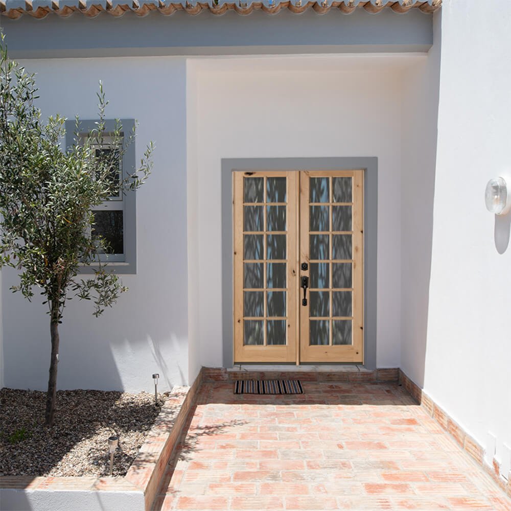 French Knotty Alder Wood 12 Lite Clear Glass Exterior Double Door - Krosswood