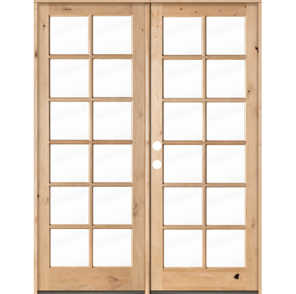 French Knotty Alder Wood 12 Lite Clear Glass Exterior Double Door - Krosswood