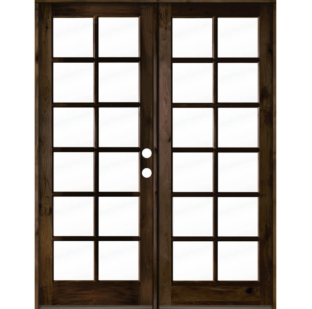 French Knotty Alder Wood 12 Lite Clear Glass Exterior Double Door - Krosswood