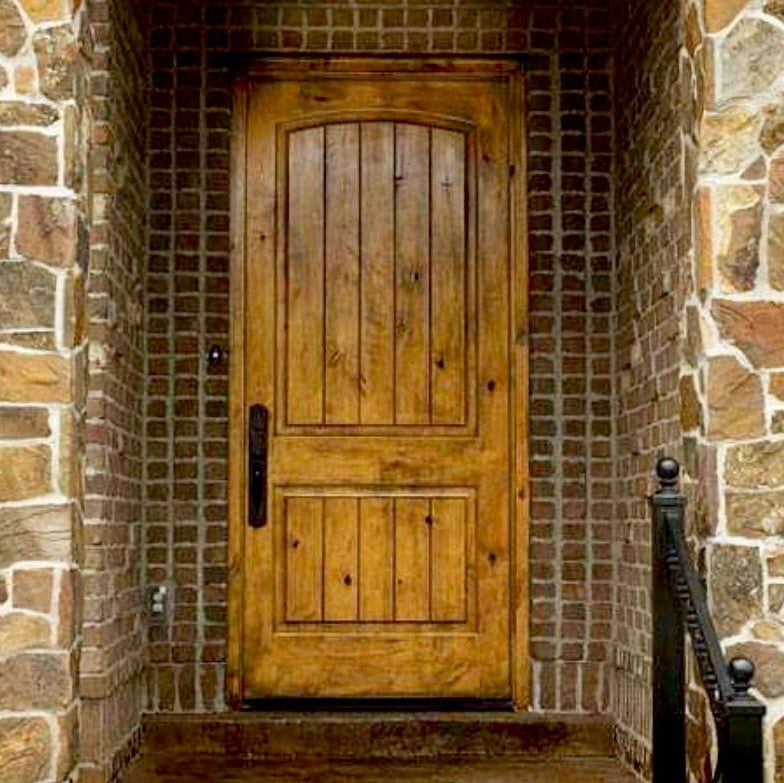 Knotty Alder 2 Panel V-Groove Arch Top Exterior Door - Krosswood