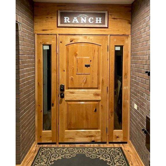 Mediterranean Knotty Alder Arch Top Speakeasy Exterior Door - Krosswood