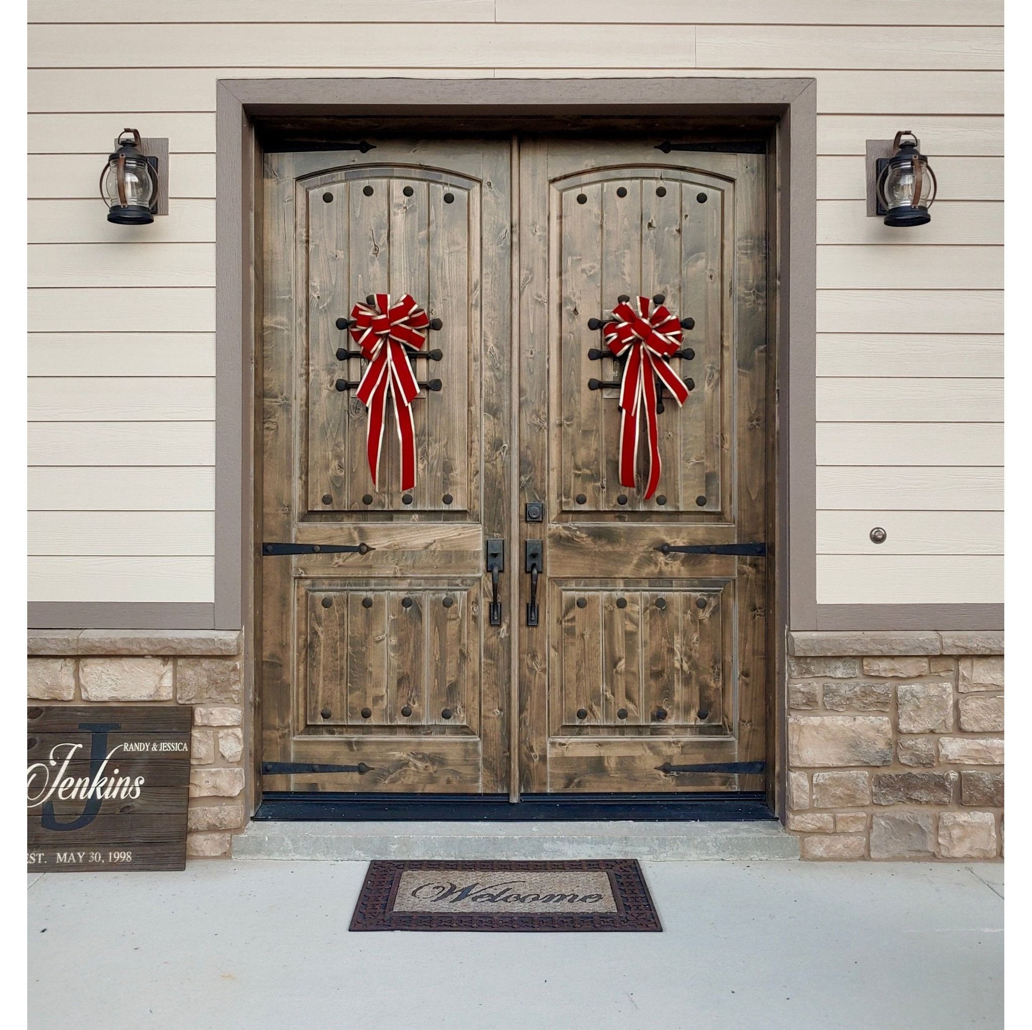 Mediterranean Knotty Alder Arch Top Speakeasy Exterior Double Door - Krosswood