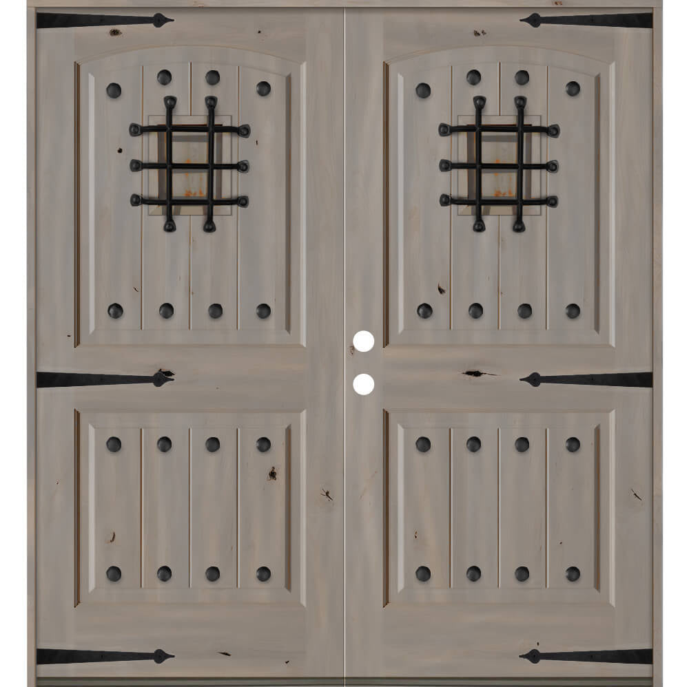 Mediterranean Knotty Alder Arch Top Speakeasy Exterior Double Door - Krosswood