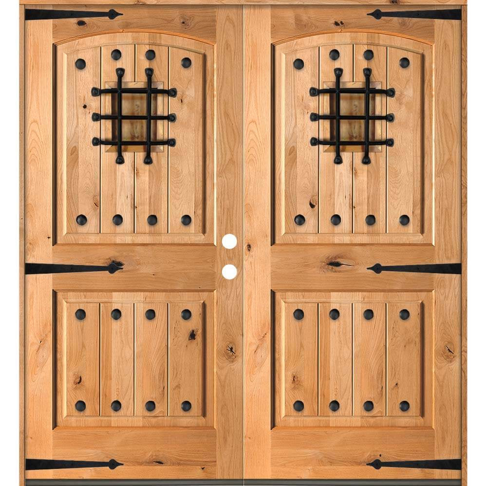 Mediterranean Knotty Alder Arch Top Speakeasy Exterior Double Door - Krosswood