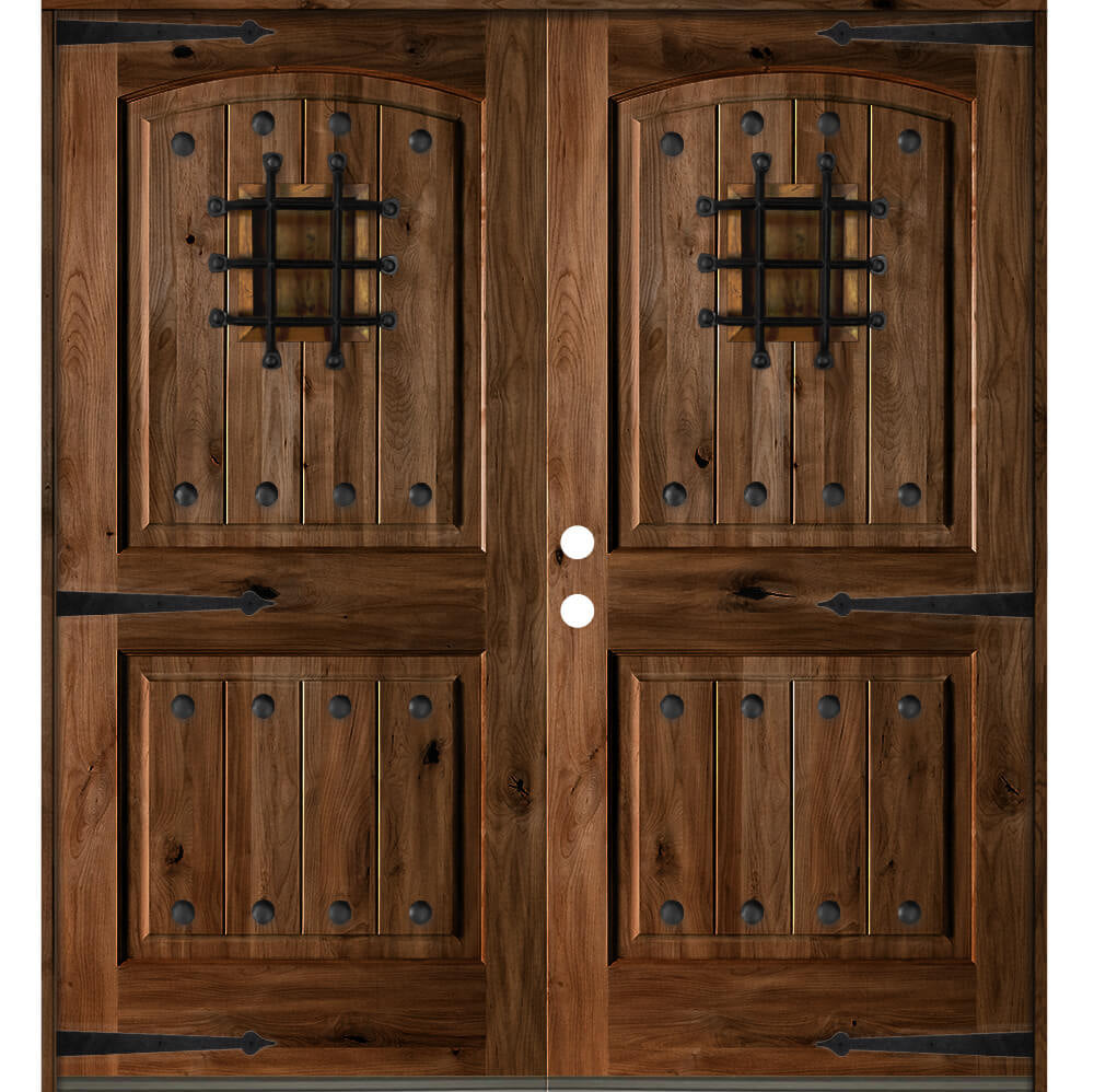 Mediterranean Knotty Alder Arch Top Speakeasy Exterior Double Door - Krosswood