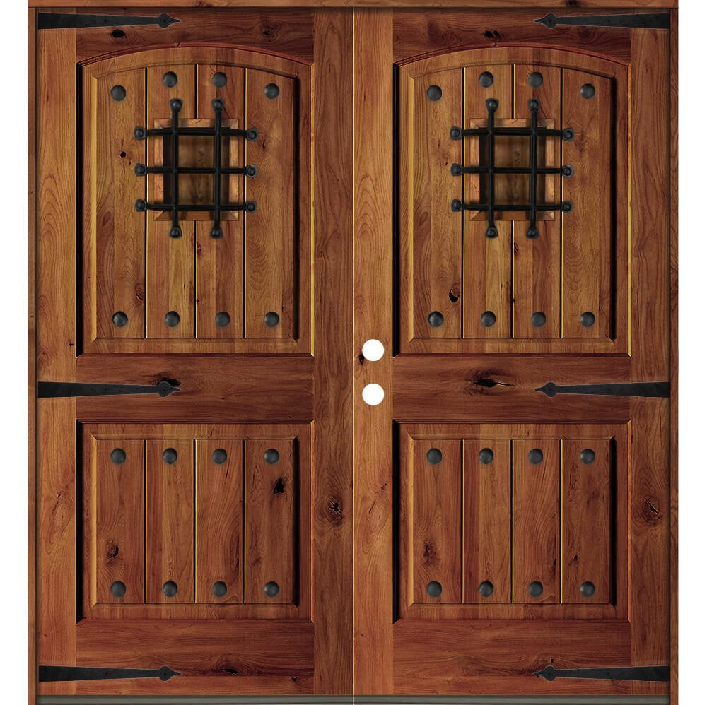 Mediterranean Knotty Alder Arch Top Speakeasy Exterior Double Door - Krosswood