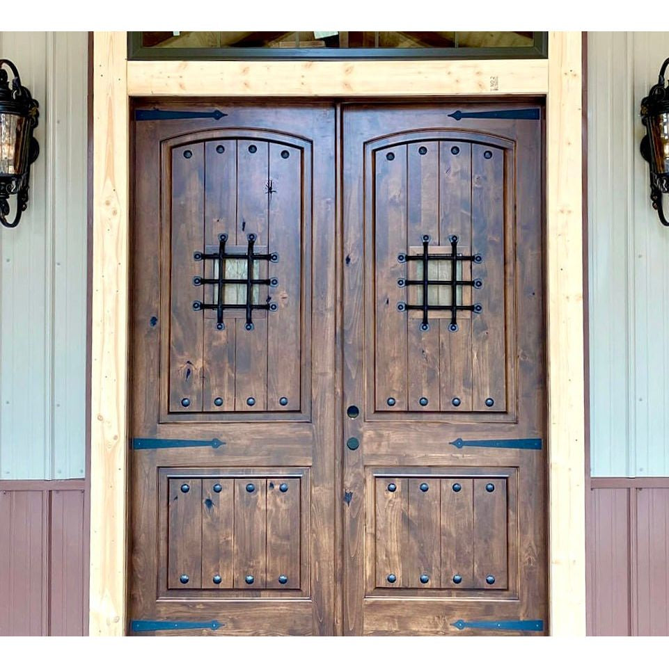 Mediterranean Knotty Alder Arch Top Speakeasy Exterior Double Door - Krosswood