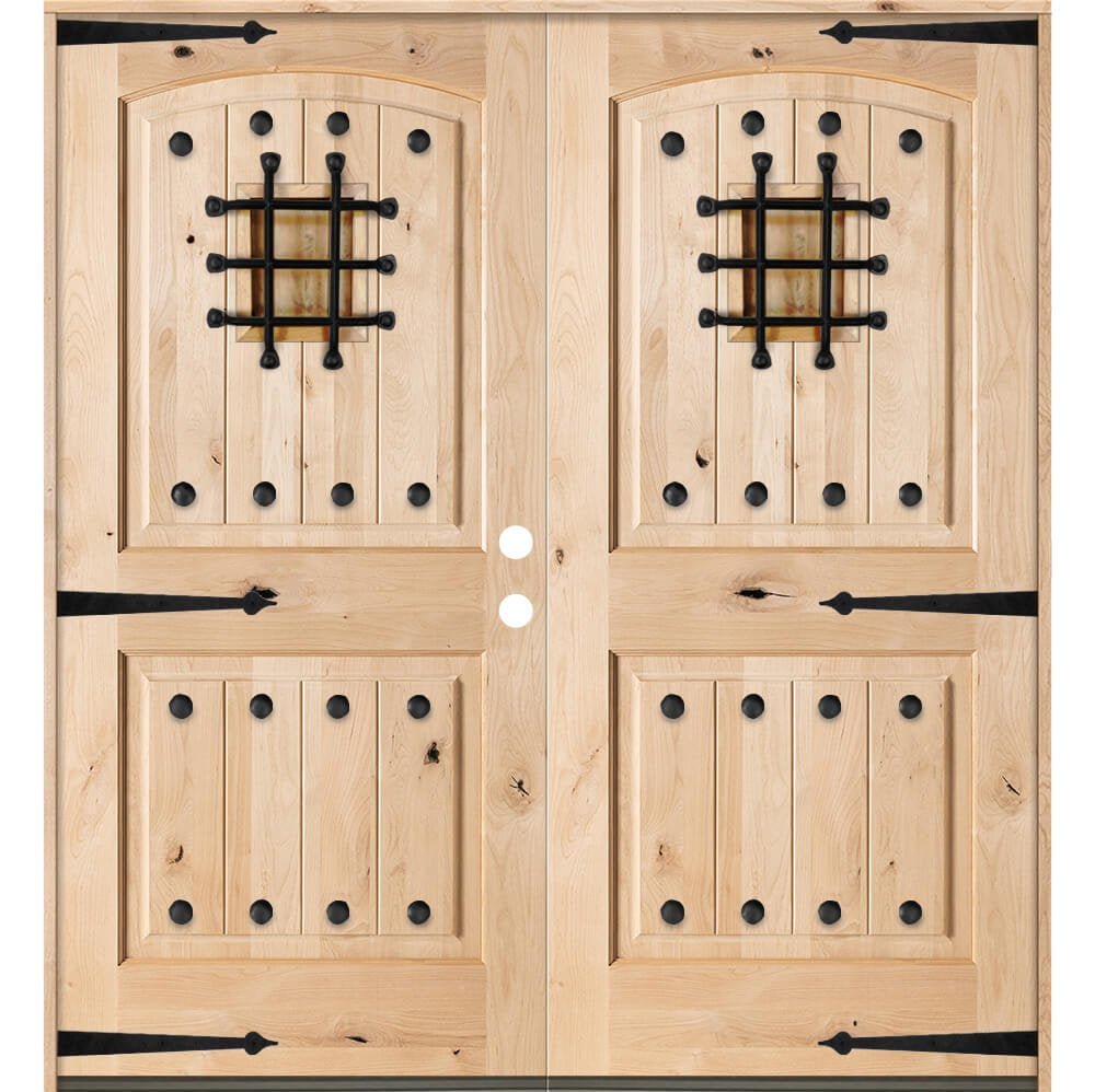 Mediterranean Knotty Alder Arch Top Speakeasy Exterior Double Door - Krosswood